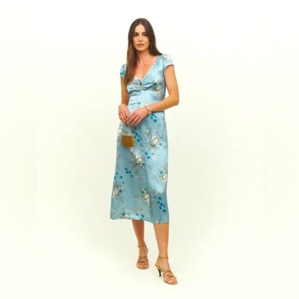 Reformation 100% Silk Light Blue Floral Scottie Midi Dress in Lago